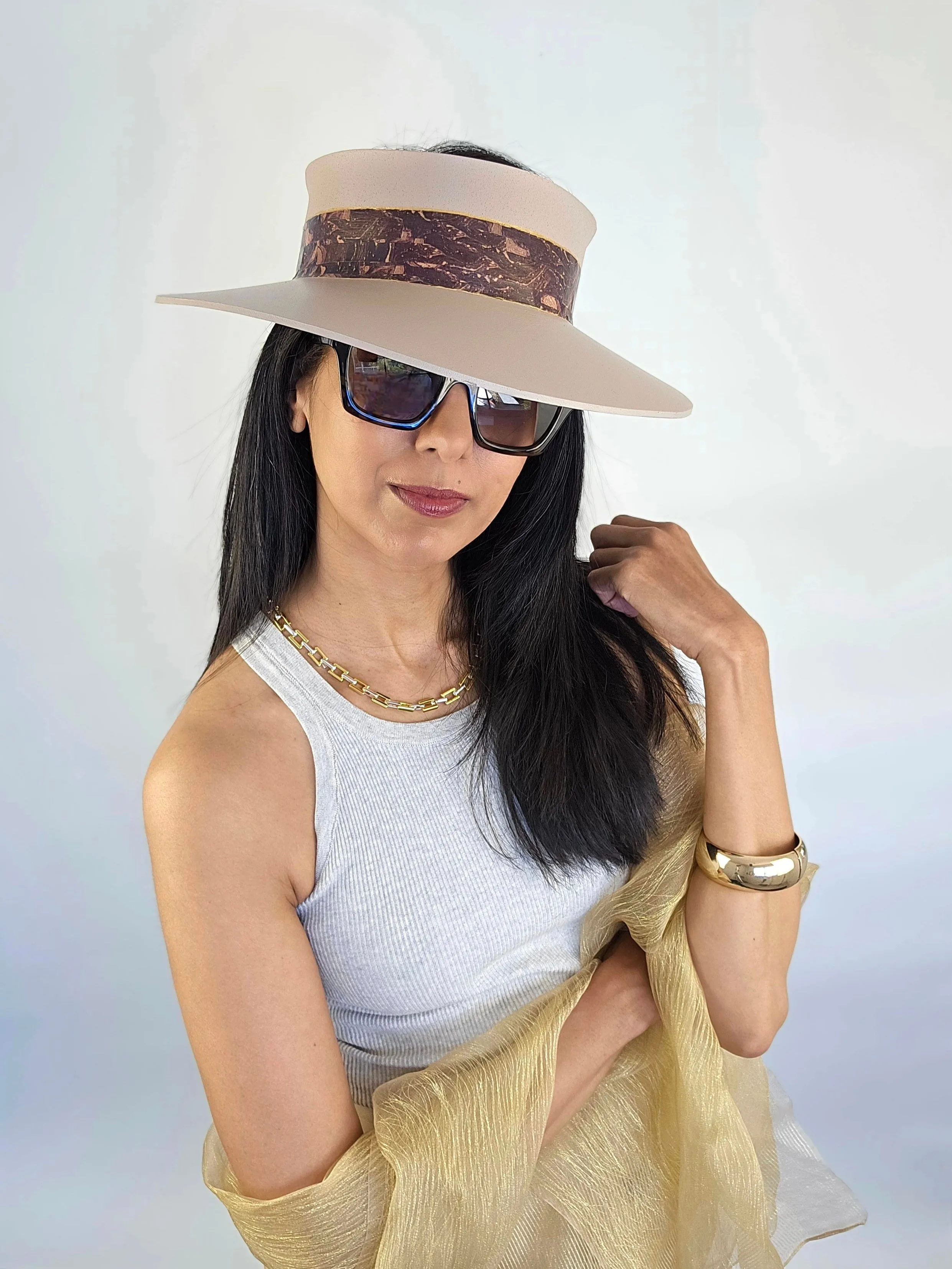 Tall Peach Gray "LadyEVA" Visor Hat with Dark Purple Marbled Band