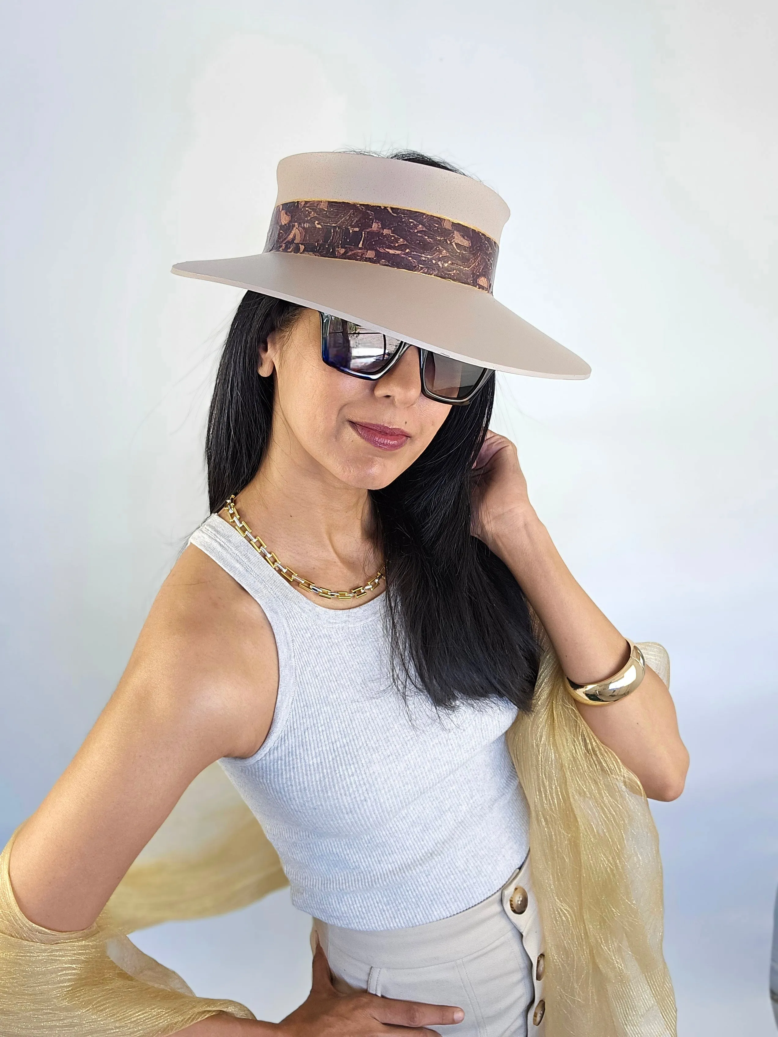 Tall Peach Gray "LadyEVA" Visor Hat with Dark Purple Marbled Band