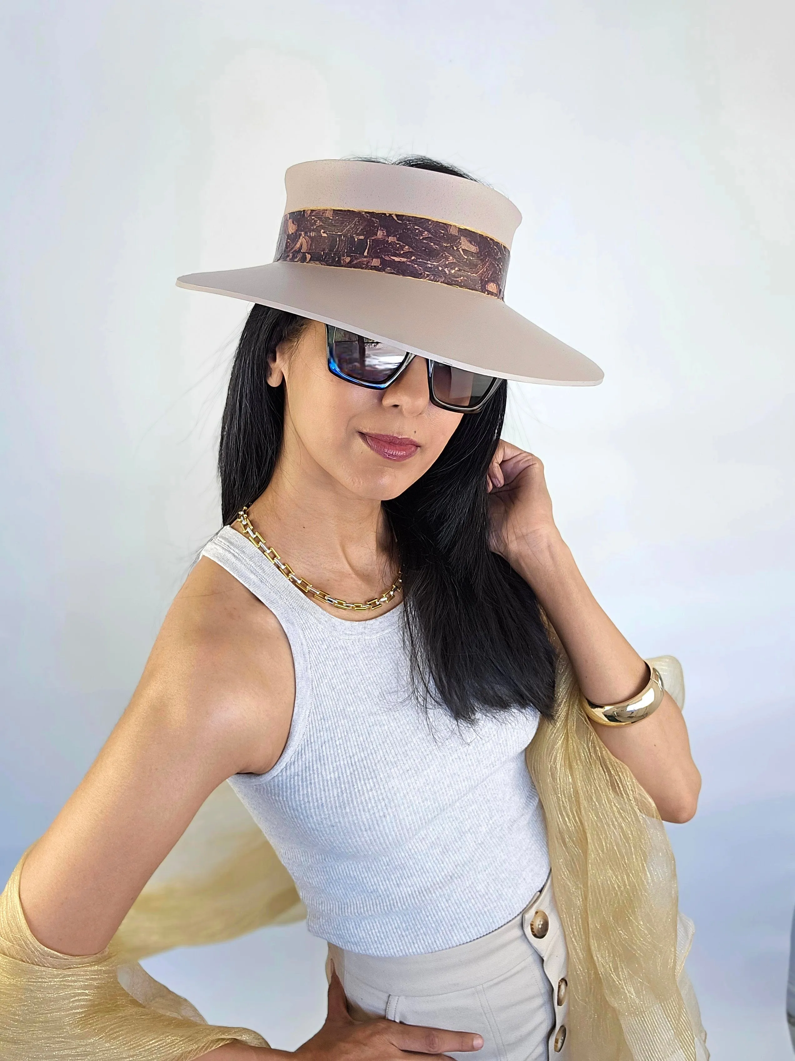 Tall Peach Gray "LadyEVA" Visor Hat with Dark Purple Marbled Band