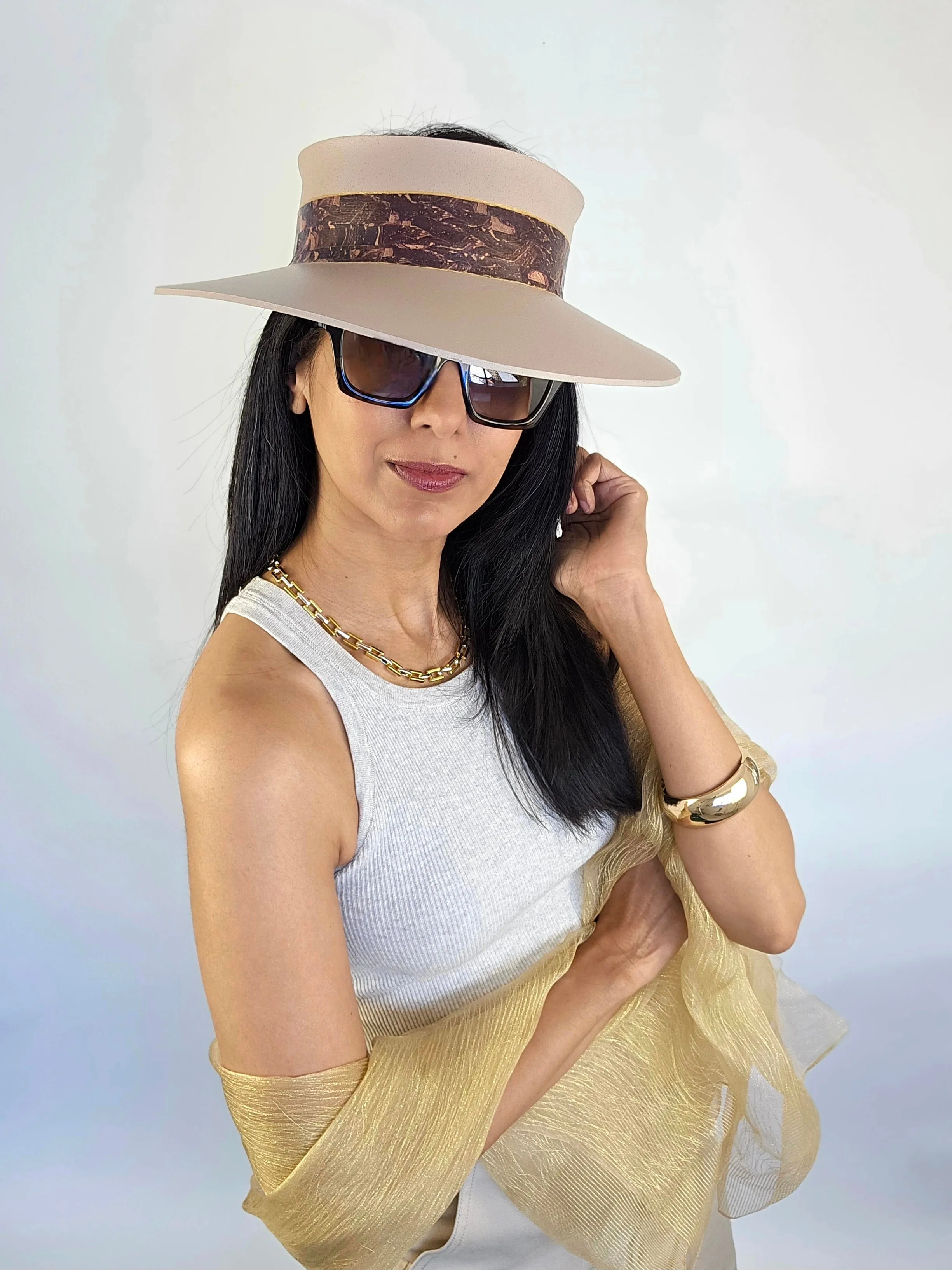 Tall Peach Gray "LadyEVA" Visor Hat with Dark Purple Marbled Band