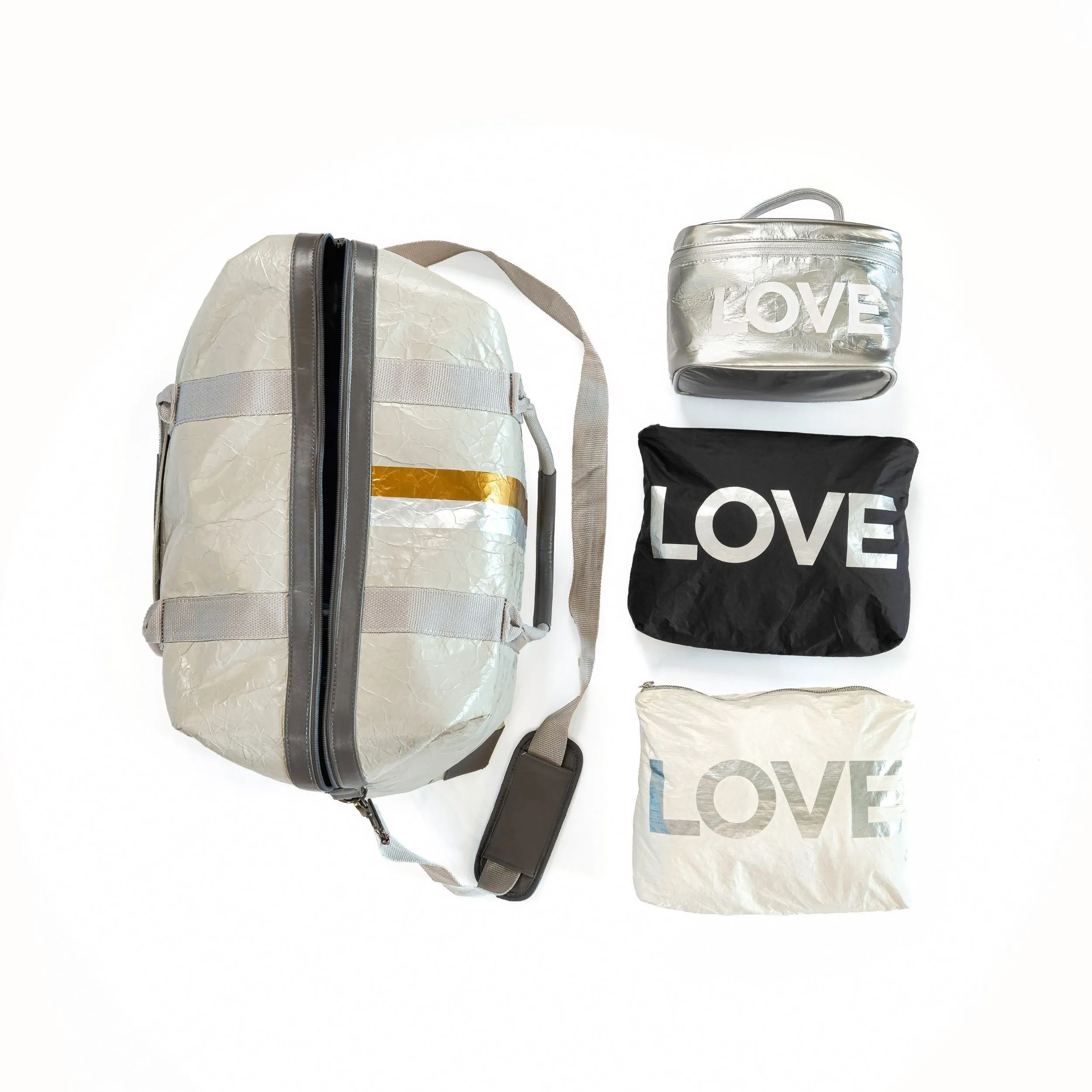 The Weekender Bag in Earth Gray with Silver and Gold Stripes