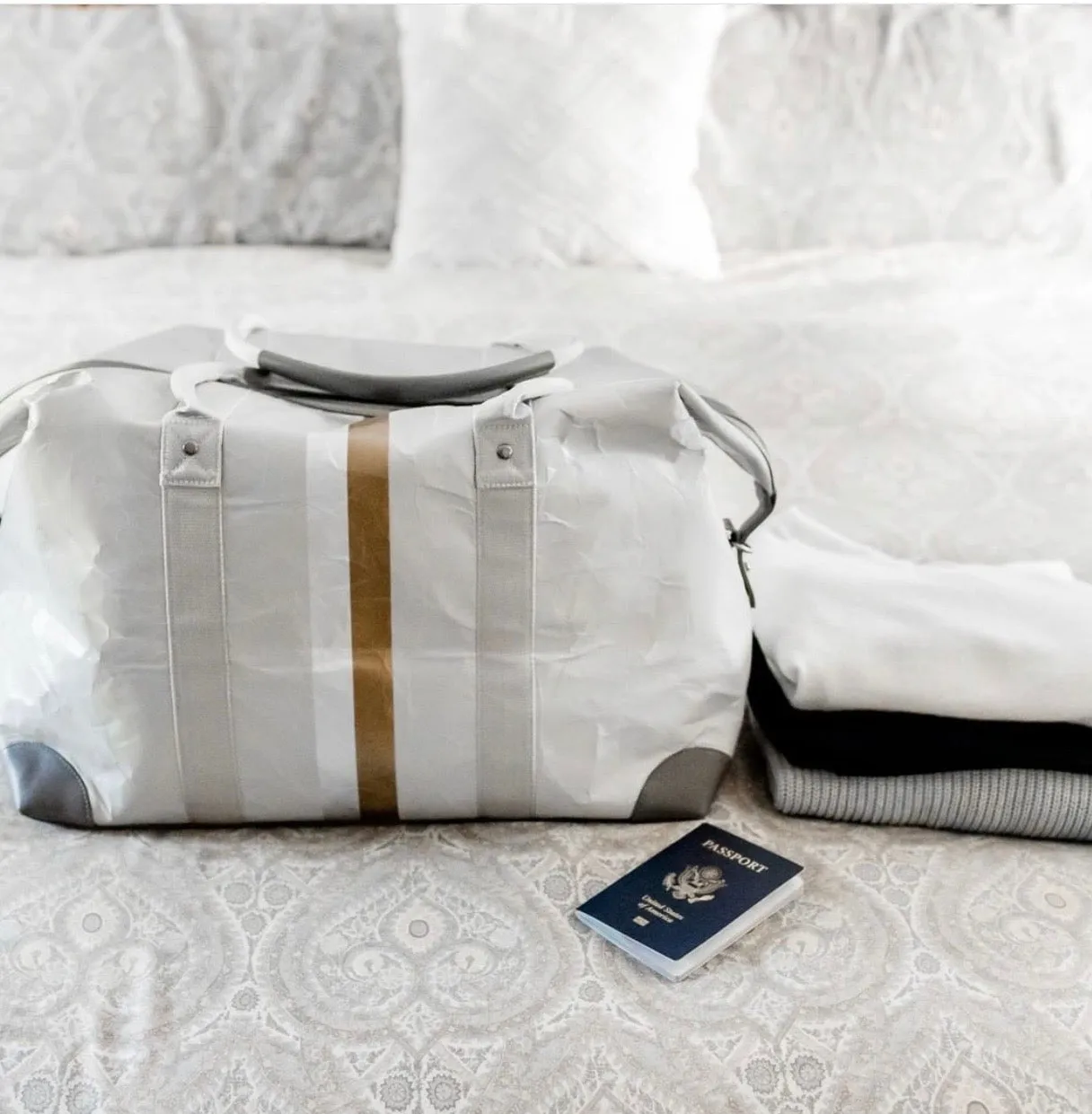 The Weekender Bag in Earth Gray with Silver and Gold Stripes