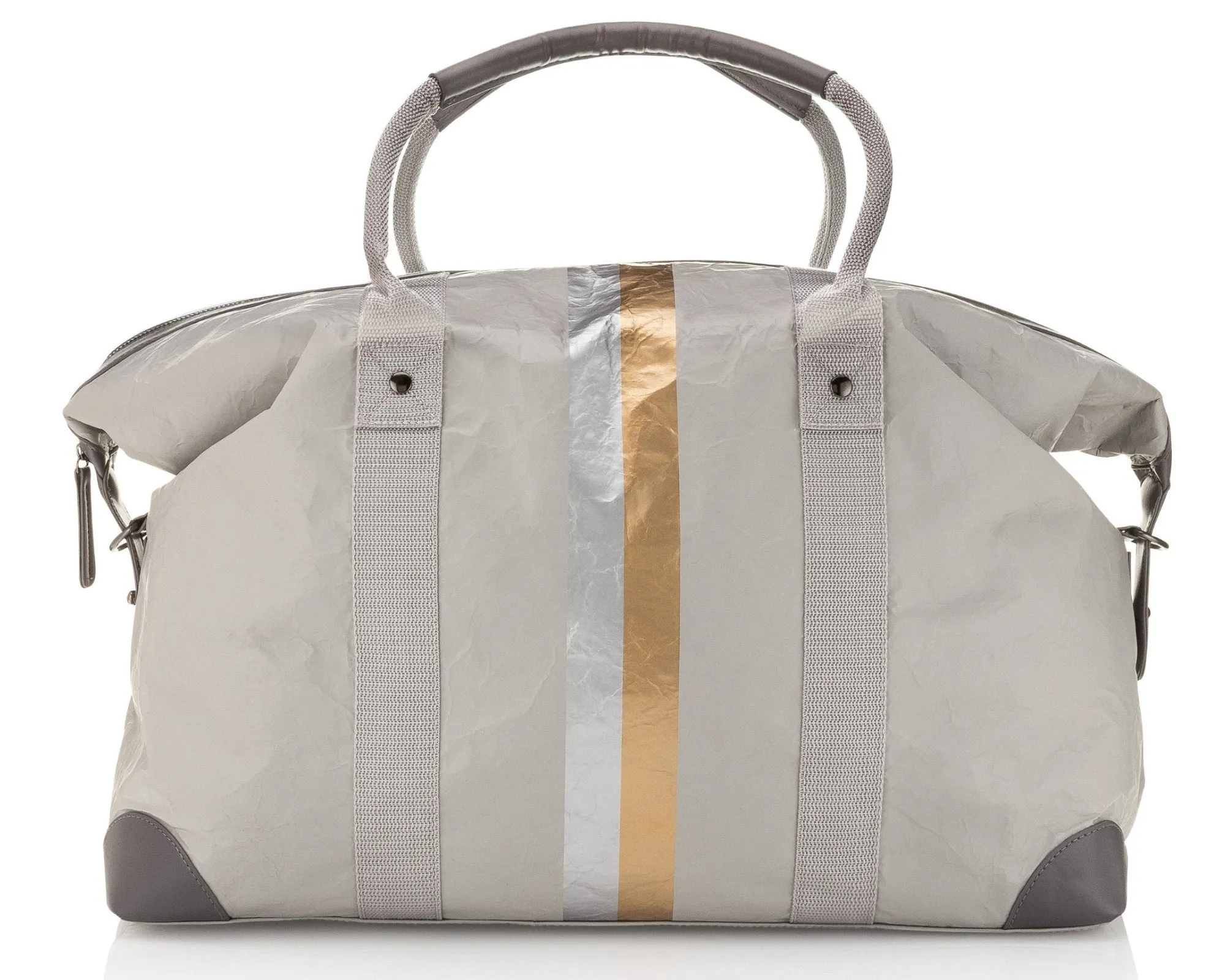 The Weekender Bag in Earth Gray with Silver and Gold Stripes