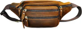 Thick Crazy Horse Leather Hiking Riding Travel Outdoor Belt Bag Fanny Waist Pack Small Phone Pouch For Men Women 380 (383 Brown)