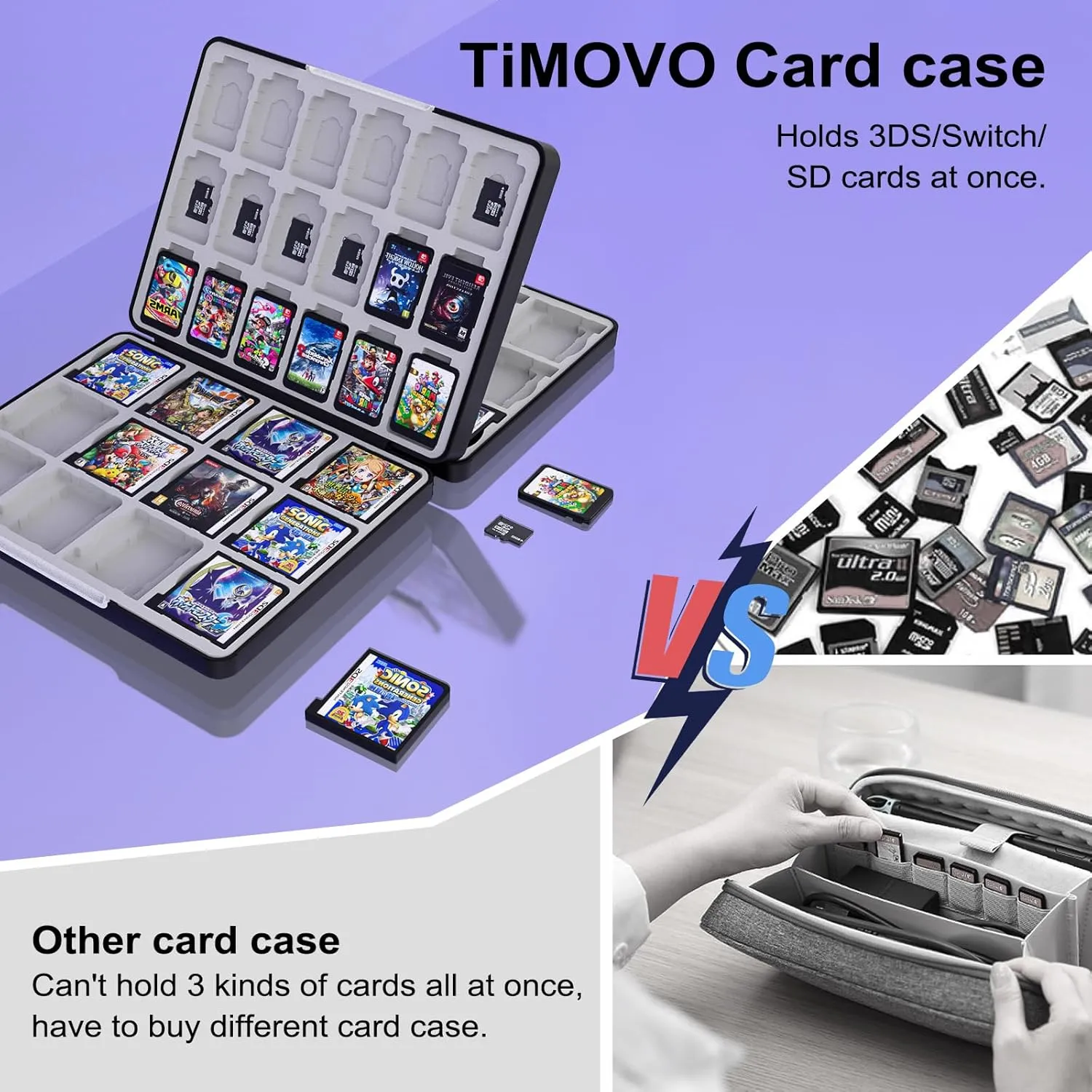 TiMOVO 60 Game Card Case for Switch OLED/Switch/3DS/2DS, 60 Slots Switch Game Holder Cartridge For 24 3DS/3DSXL/DS/DSi Cards & 60 Switch & 36 SD Cards, 3 in 1 Portable Game Storage Case, Gray Games