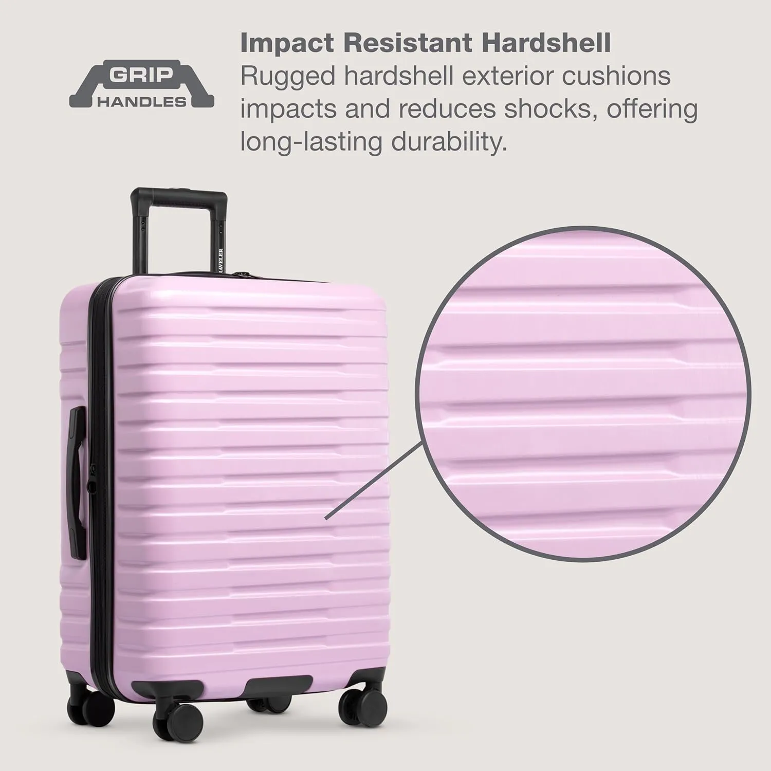 U.S. Traveler Boren Polycarbonate Hardside Rugged Travel Suitcase Luggage with 8 Spinner Wheels, Aluminum Handle, Lavender, Carry-on 22-Inch, USB Port