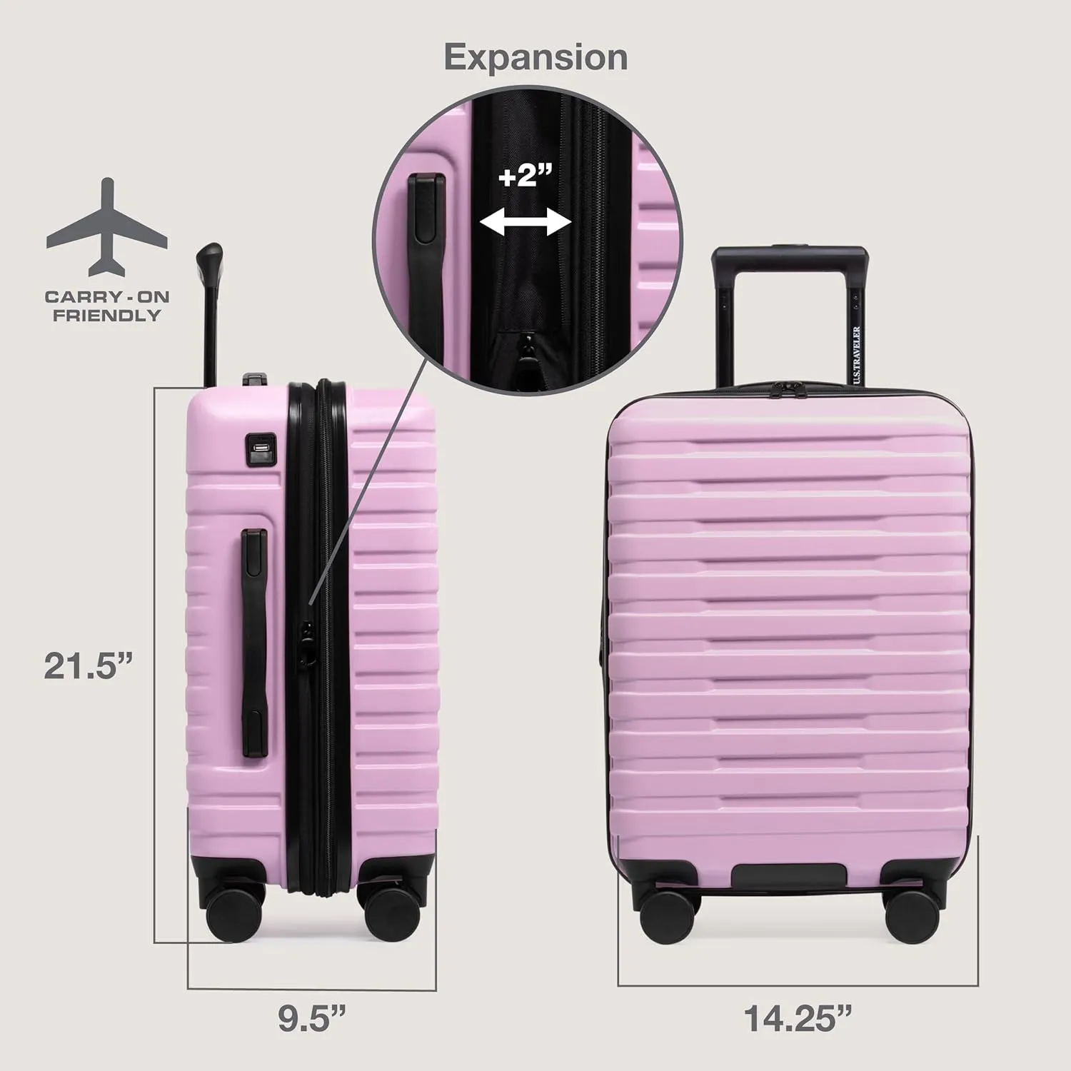 U.S. Traveler Boren Polycarbonate Hardside Rugged Travel Suitcase Luggage with 8 Spinner Wheels, Aluminum Handle, Lavender, Carry-on 22-Inch, USB Port