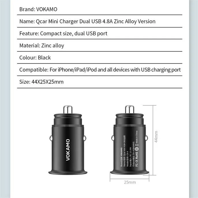 VOKAMO Car Charger Small 4.8A Metal USB Car Charger Fast Car Charge Adapter(Dual USB Ports)