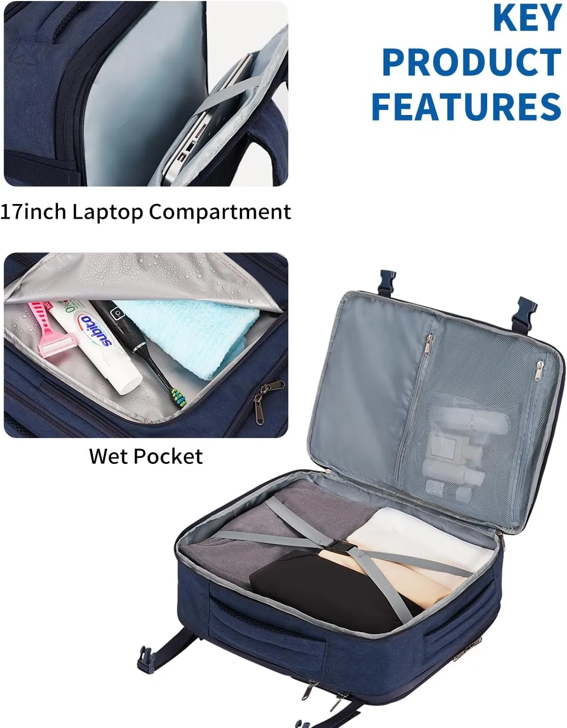 WANDF Expandable 17 Inch Laptop Travel Backpack For Spirit Airlines Personal Item Bag 18x14x8 with Wet Pocket for Men WomenNavy Blue
