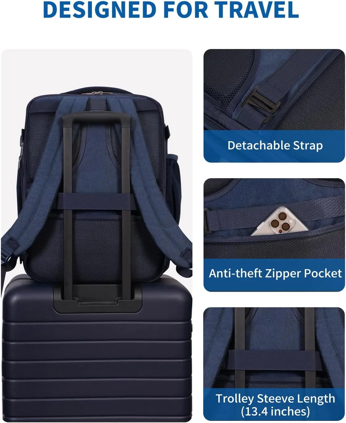 WANDF Expandable 17 Inch Laptop Travel Backpack For Spirit Airlines Personal Item Bag 18x14x8 with Wet Pocket for Men WomenNavy Blue