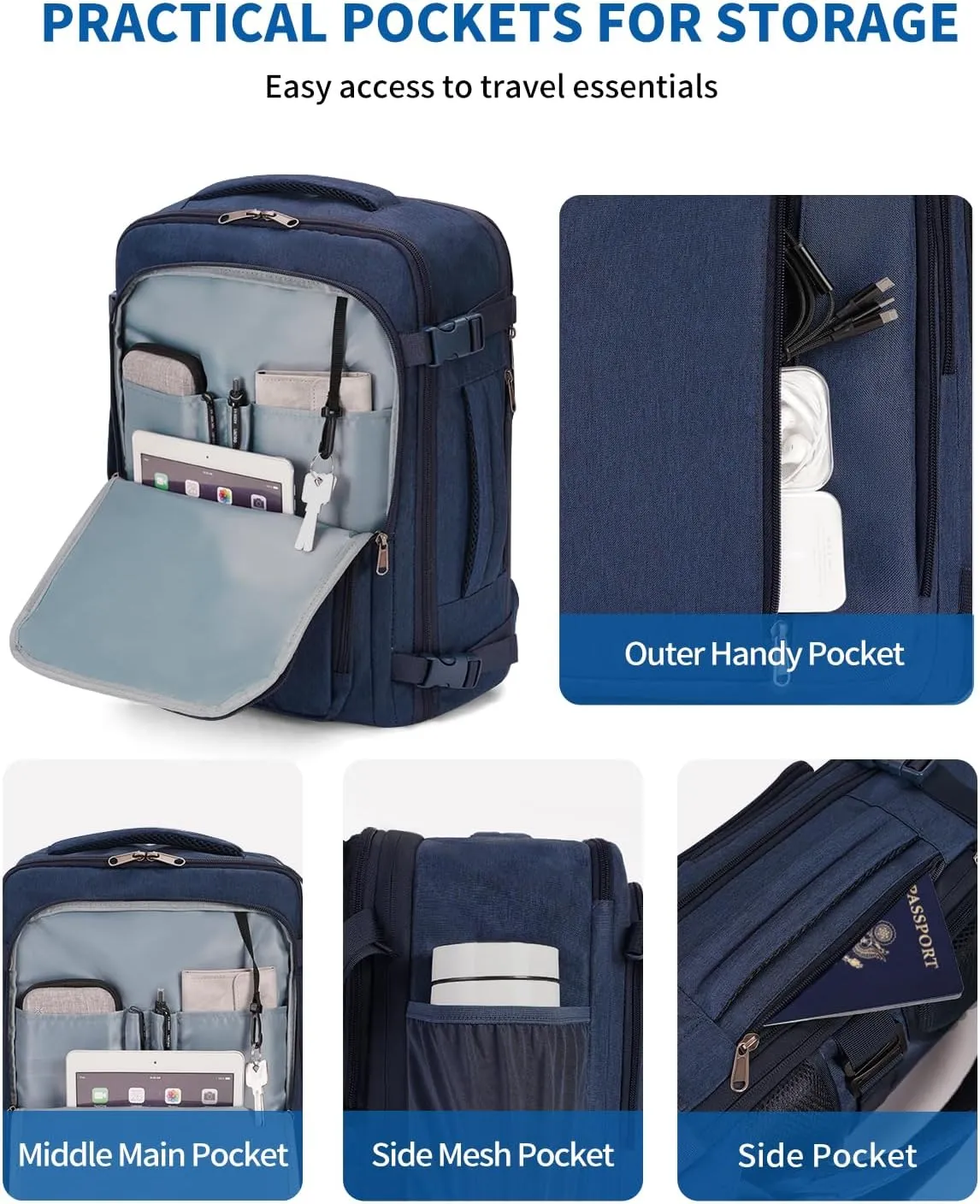WANDF Expandable 17 Inch Laptop Travel Backpack For Spirit Airlines Personal Item Bag 18x14x8 with Wet Pocket for Men WomenNavy Blue