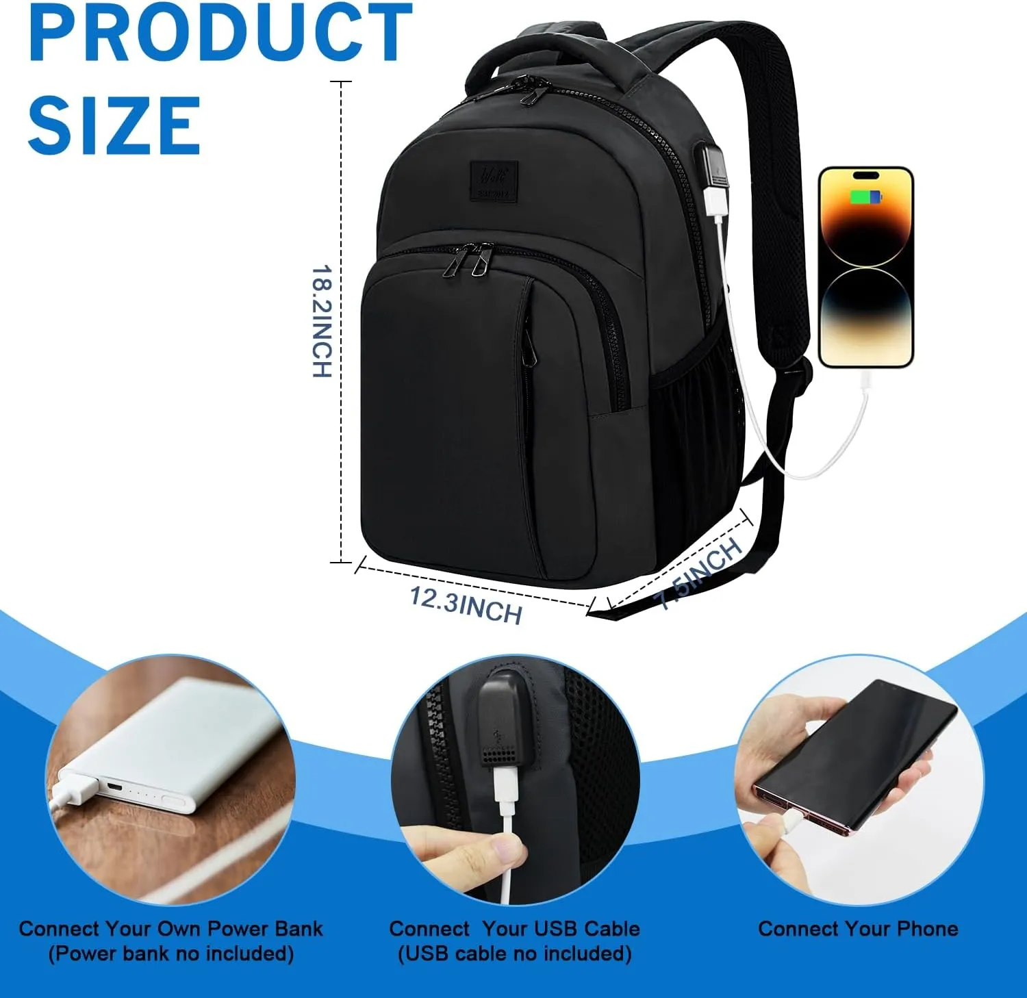 WOLT Laptop Backpack for Men Women for 15.6 Inch and 17 Inch Notebook, Travel Backpack Carry On Flight Approved with Computer Compartment, College Bookbag with USB Charging Port (Black)