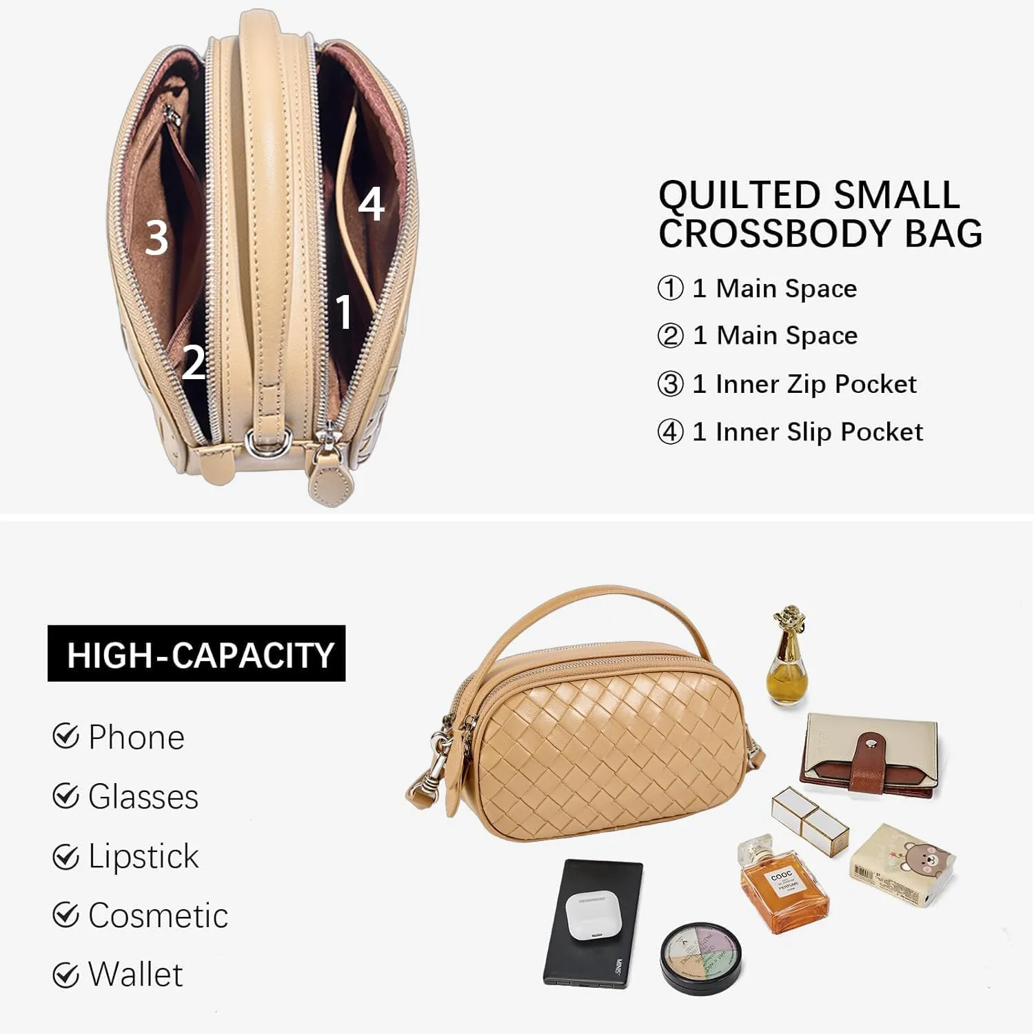 Women's Genuine Leather Crossbody Bag - Small Adjustable Strap Woven Purse, Multi-Pocket Handbag for Everyday Use