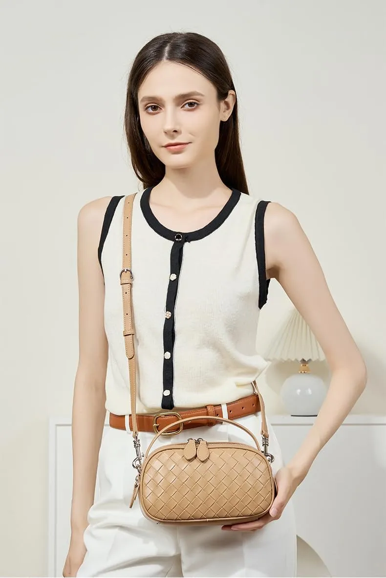 Women's Genuine Leather Crossbody Bag - Small Adjustable Strap Woven Purse, Multi-Pocket Handbag for Everyday Use