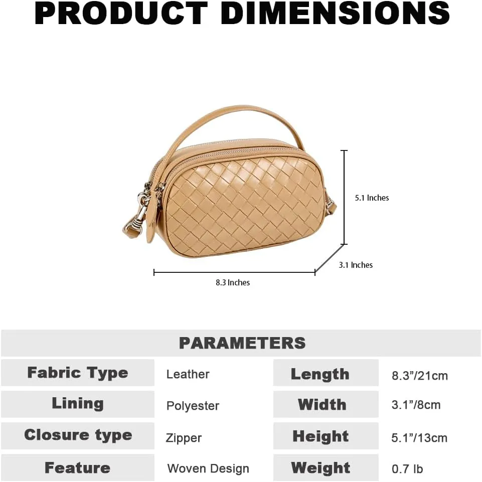 Women's Genuine Leather Crossbody Bag - Small Adjustable Strap Woven Purse, Multi-Pocket Handbag for Everyday Use